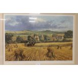 A FRAMED AND GLAZED LIMITED EDITION PRINT TITLED HARVEST IN THE COTSWOLDS SIGNED ALAN FEARNLEY #