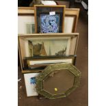 A QUANTITY OF ASSORTED PICTURES AND PRINTS TOGETHER WITH A BRASS FRAMED MIRROR