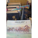 A BOX OF ASSORTED BOOKS TOGETHER WITH A VINTAGE TABLE TENNIS GAME, AND ESCALADO, ETC