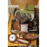 A TRAY OF COLLECTABLES TO INCLUDE BINOCULARS, COINS, ETC
