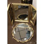 A TRIPLE DRESSING TABLE MIRROR TOGETHER WITH A GILT OVAL MIRROR