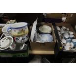 THREE TRAYS OF ASSORTED CHINA AND CERAMICS TO INCLUDE CHAMBER POTS, PORTMEIRION, ETC