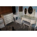 A QUEEN ANNE STYLE BEDROOM SUITE CONSISTING OF A HEADBOARD WITH BEDSIDE TABLES, CHEST OF DRAWERS,