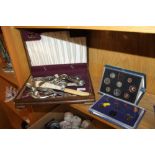 A COLLECTION OF ASSORTED SILVER PLATED CUTLERY TOGETHER WITH A ROYAL MINT PROOF COLLECTION 1983