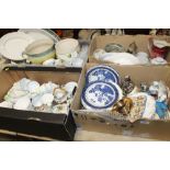 FOUR TRAYS OF ASSORTED CHINA AND CERAMICS TO INCLUDE BOOTH'S, BLUE AND WHITE, ROYAL WINTON, ETC