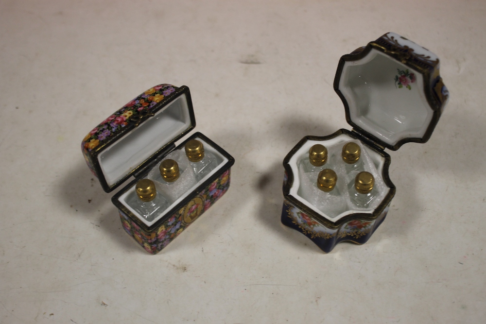 AN ENAMEL TYPE THREE BOTTLE SCENT HOLDER TOGETHER WITH ANOTHER (2)