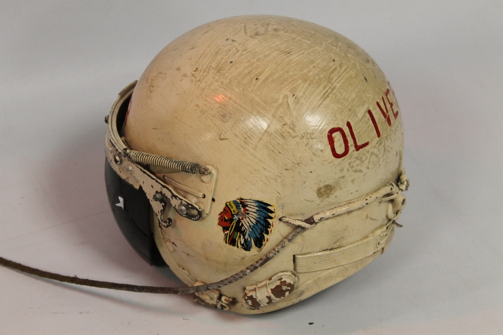 A VINTAGE US AIR FORCE "P1-a" FLYING HELMET AND FACE MASK, skull cap with later paint and name 'Oli - Image 3 of 4