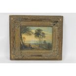 A GILT FRAMED OIL ON BOARD DEPICTING A SCOTTISH LANDSCAPE SCENE WITH FIGURES IN THE FOREGROUND, wit