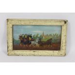 A FRAMED AND GLAZED OIL ON BOARD DEPICTING A HORSE DRAWN CARRIAGE, written to the reverse GHP 1908