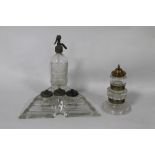 A BRITISH SYPHON MANUFACTURING CO, LONDON GLASS DESK ADVERTISING STAND, three inkwells with metal l