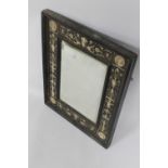 AN INLAID WOODEN MOUNTED RECTANGULAR MIRROR INLAID WITH CLASSIC DECORATION AND FIGURAL PORTRAITS A/