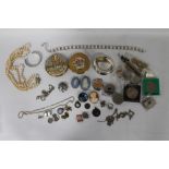 A BOX OF ASSORTED VINTAGE JEWELLERY, to include a cameo brooch, various Wedgwood types, compacts, e