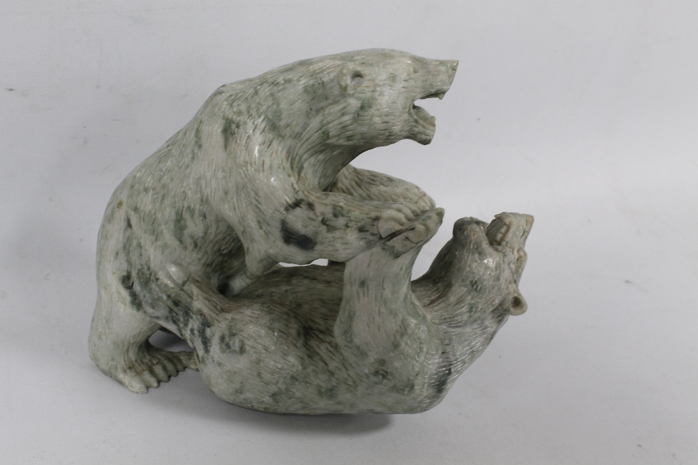 A CARVED CHINESE JADEITE FIGURE OF TWO FIGHTING BEARS - Image 2 of 3