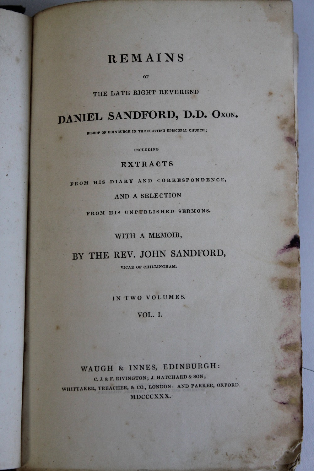 REMAINS OF THE LATE RIGHT REVEREND DANIEL SANDFORD, D. D. OXON. ', Vol. I only 1830, A. Conan Doyle - Image 6 of 8