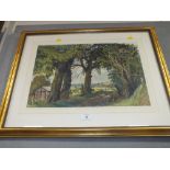 A GILT FRAMED AND GLAZED WATERCOLOUR 'STAFFORD CASTLE FROM BERRY RING' INDISTINCTLY SIGNED