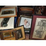 A TRAY OF ASSORTED ENGRAVINGS, PRINTS AND WATERCOLOUR ETC.