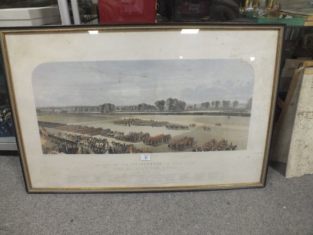 A LARGE FRAMED AND GLAZED COLOURED PRINT ENTITLED 'REVIEW OF THE VOLUNTEERS IN HYDE PARK'