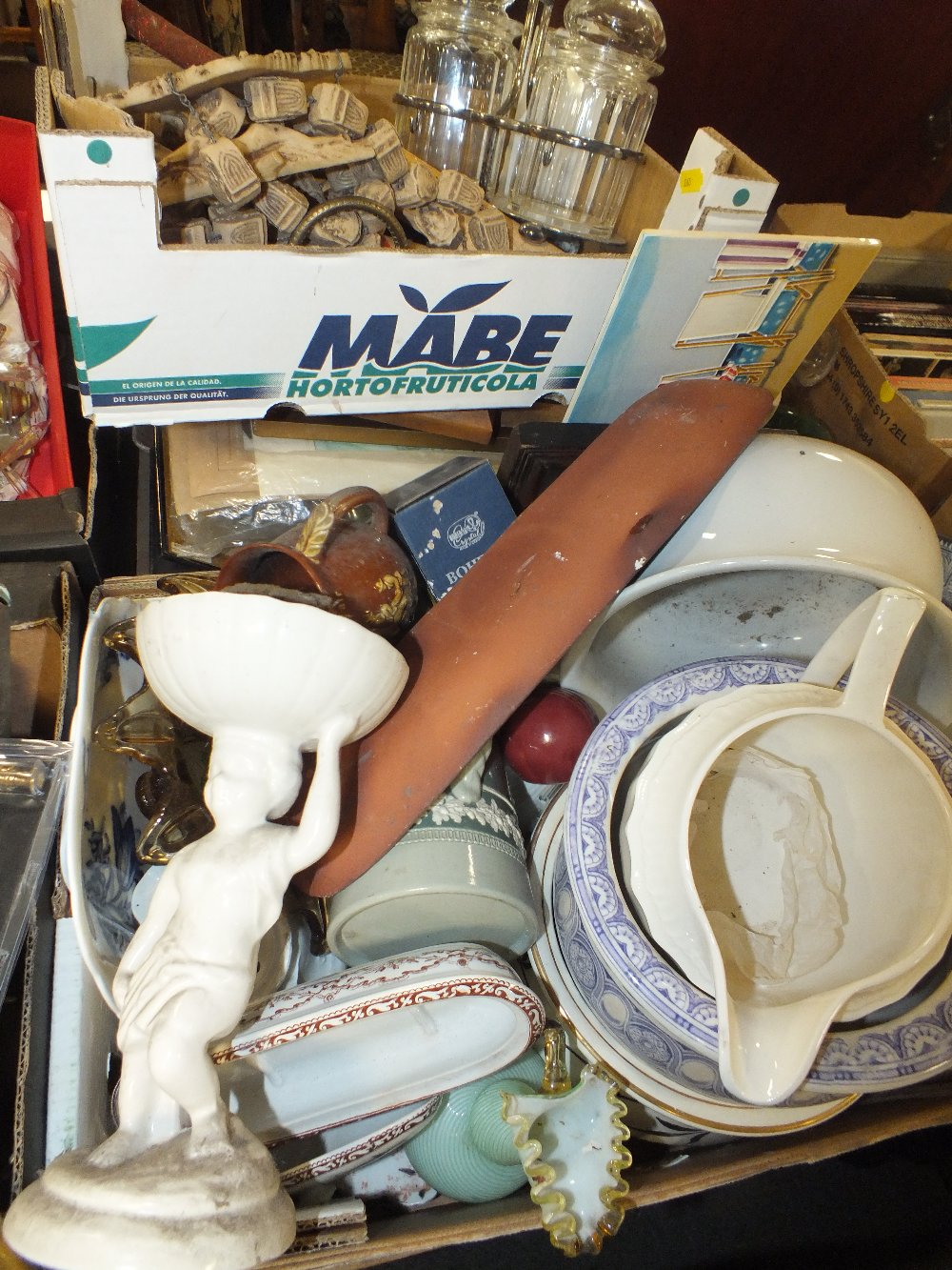 TWO TRAYS OF CERAMICS & SUNDRIES TO INC OPALESCENT VINTAGE GLASS JUG, PICTURES & PRINTS ETC