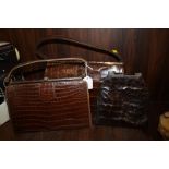 A COLLECTION OF THREE LADIES VINTAGE CROCODILE EFFECT LEATHER HANDBAGS, the smaller one having