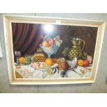 A FRAMED STILL LIFE OIL ON BOARD DEPICTING A TABLETOP BANQUET