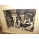 A FRAMED COLOURWASH DEPICTING A CHURCH SCENE INITIALED J.G