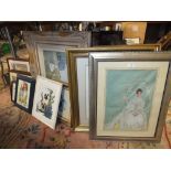 A SELECTION OF FRAMED GLAZED NEEDLE WORKS, PRINTS ETC