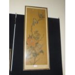 A WATERCOLOUR ON SILK DEPICTING BIRDS IN A TREE