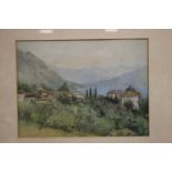 A FRAMED AND GLAZED PASTEL OF AN ITALIAN LAKE SCENE