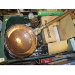 A TRAY OF SILVER PLATED FLATWARE, COPPER WARMING PAN ETC