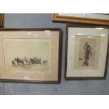 TWO FRAMED AND GLAZED ENGRAVINGS ONE SIGNED IN PENCIL DEPICTING HORSES AND A CART