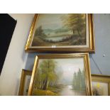 GILT FRAMED OIL ON CANVAS SIGNED JENKINS TOGETHER WITH ANOTHER