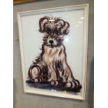 AN UNUSUAL FRAMED AND GLAZED WATERCOLOUR OF A DOG