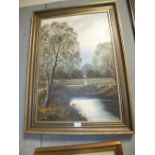 A LARGE GILT FRAMED OIL ON CANVAS BY GORDON ALLEN DEPICTING A RIVER SCENE WITH FIGURE