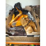 A BOX OF VINTAGE SHOE RELATED ITEMS TO INC ICE SKATES