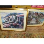 A PAIR OF LARGE FRAMED GLAZED CONTINENTAL SCENE PRINTS