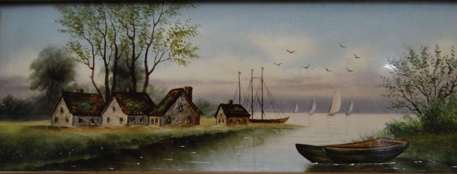 anonymes kl. Gemälde auf Porzellan, Fischerhäuser, gerahmt, G 18x38