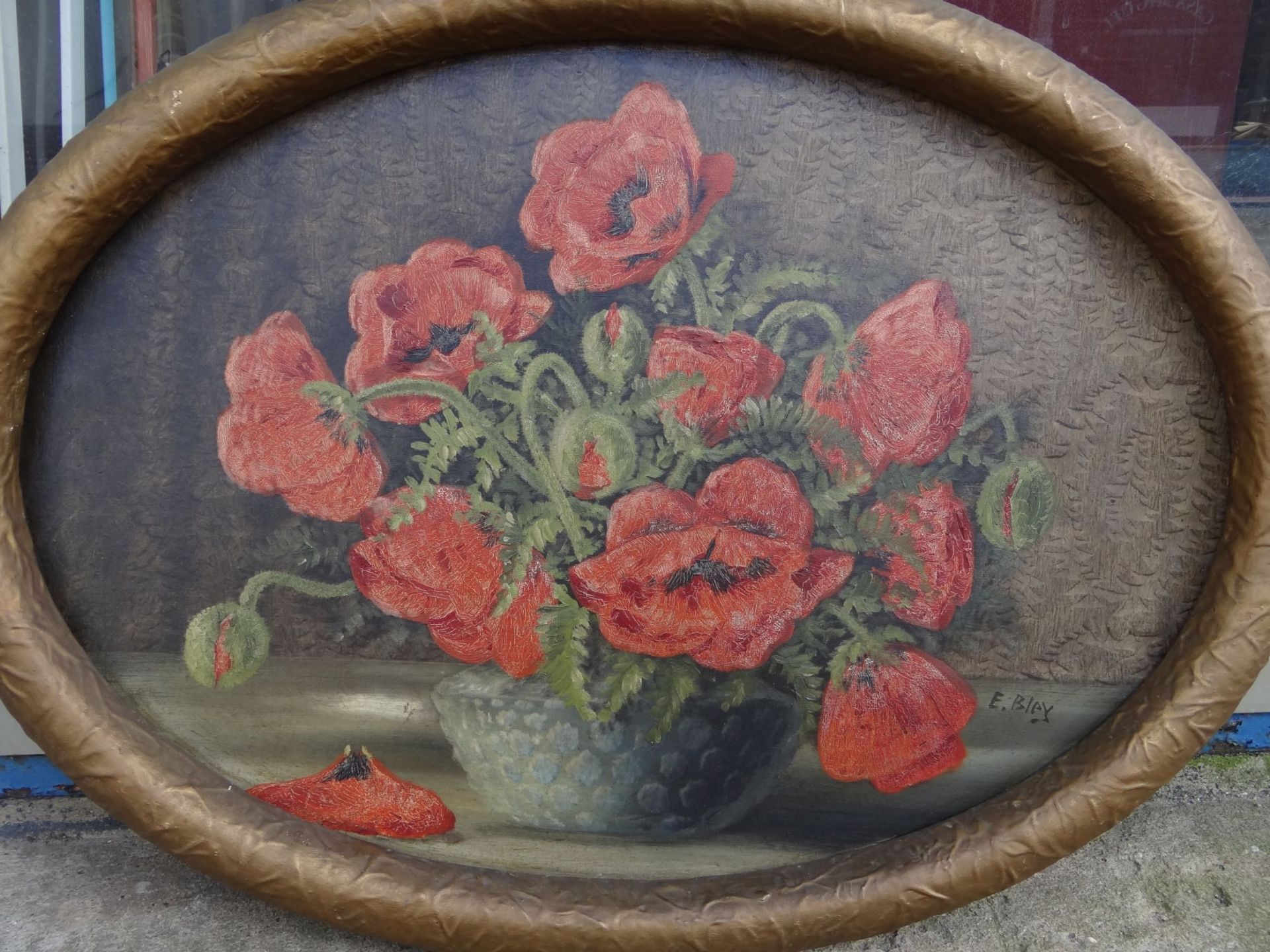 Ernst Bley (XX), Blumen in Vase, oval gerahmt, Öl/Malfaser, RG 57x77 c - Bild 2 aus 5