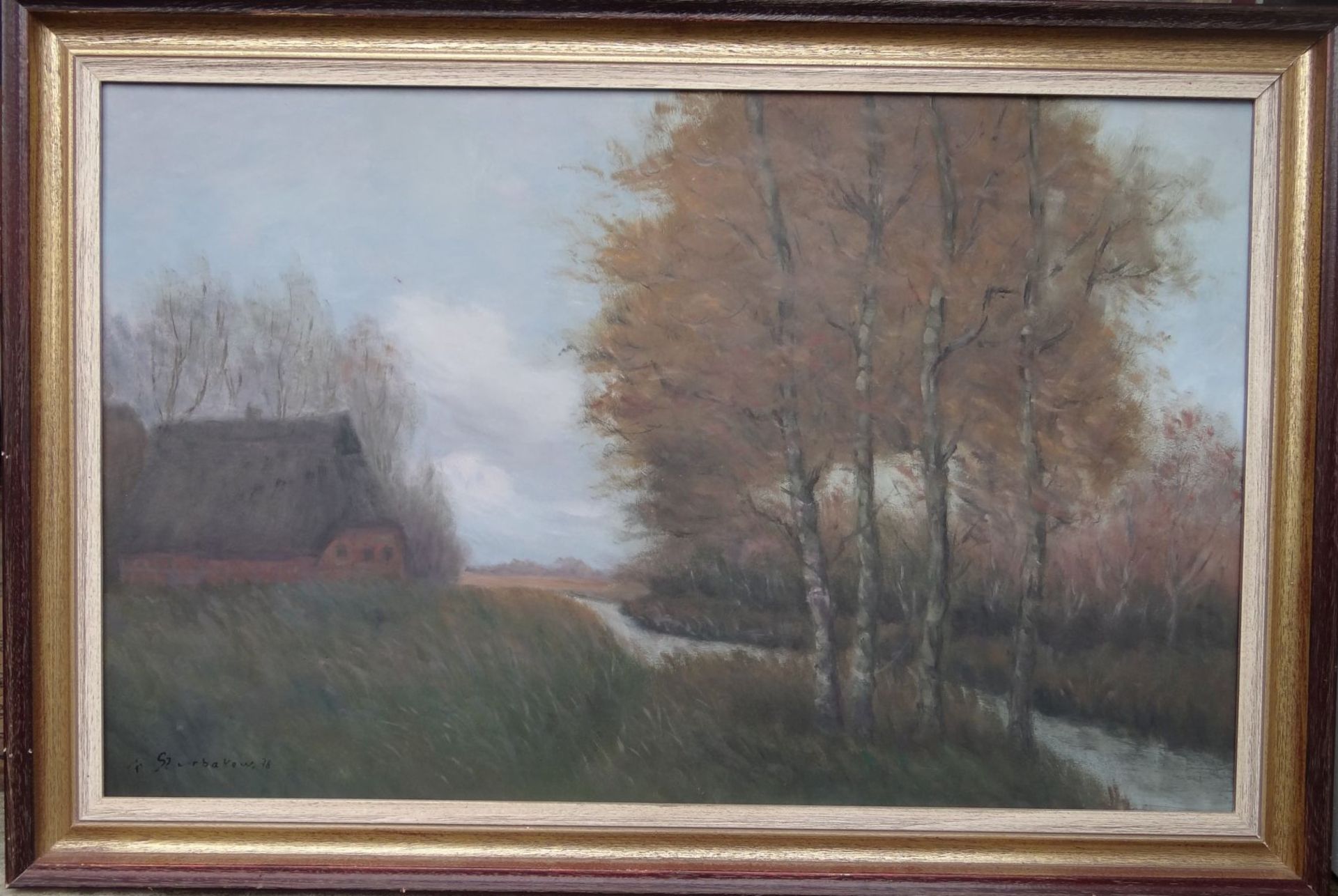 Fedor SZERBAKOW (1911-2009) "Gehöft im Teufelsmoor", grosses Gemälde, Öl/Platte, gerahmt, RG 72x106 - Bild 2 aus 5