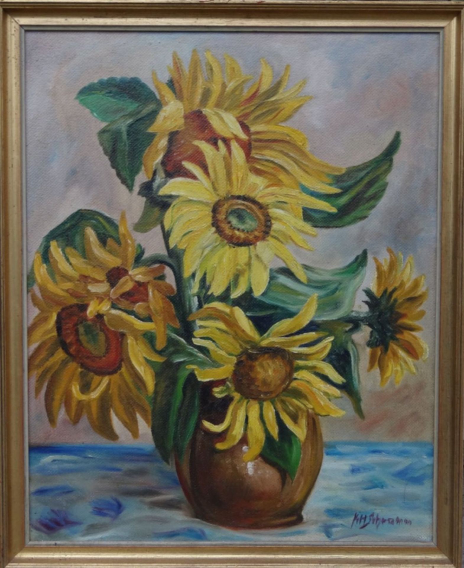 K.H. Schramm "Sonnenblumen", Öl/Malfaser, gerahmt, RG 66x53 c - Bild 2 aus 4