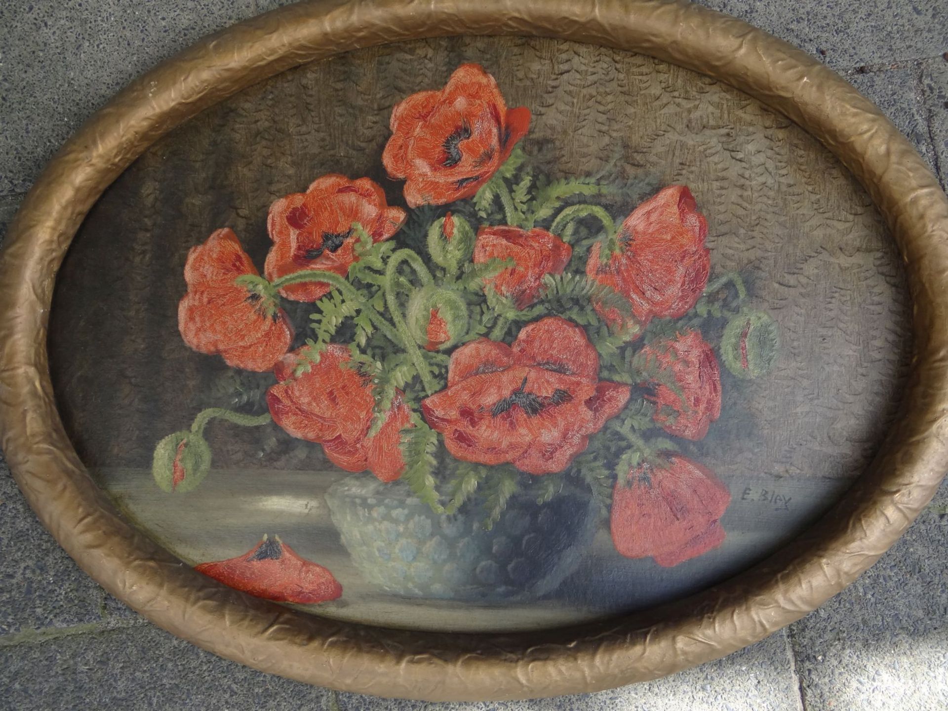 Ernst Bley (XX), Blumen in Vase, oval gerahmt, Öl/Malfaser, RG 57x77 c - Bild 4 aus 5