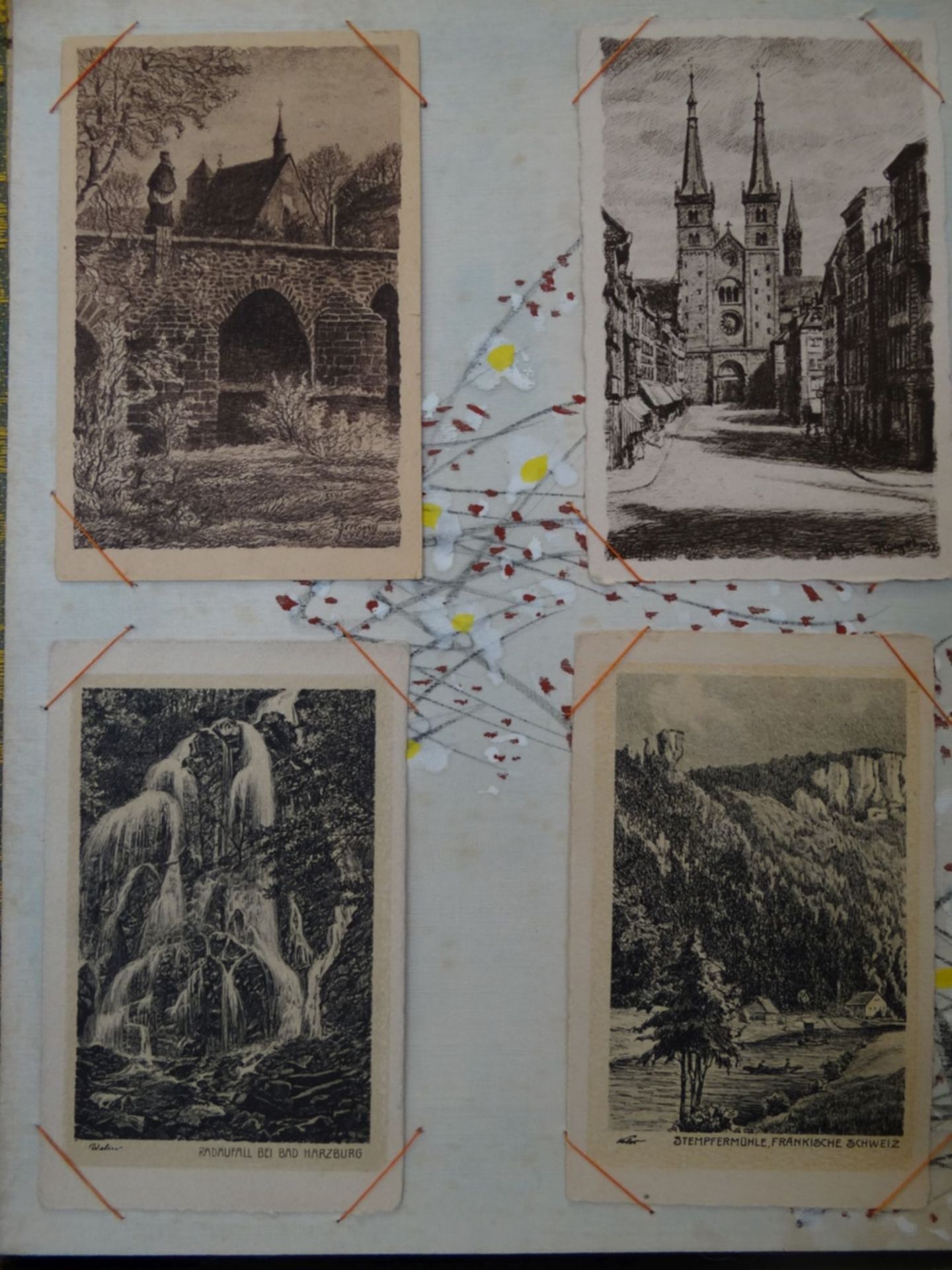 altes, beschädigtes Postkartenalbum mit 52 Postkarten, überwiegend alles orig. Radierungen, 27x35 - Bild 8 aus 9