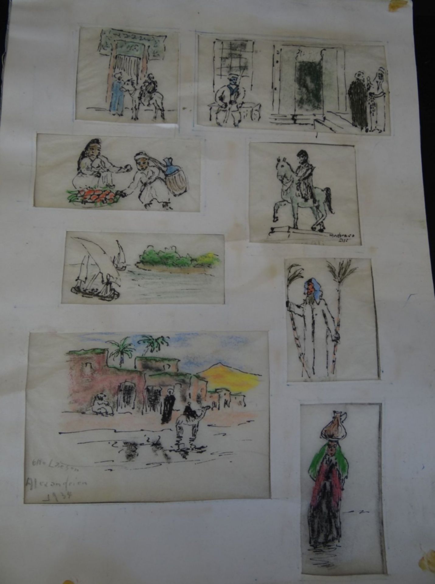 Otto LARSEN (1889-1970), 8x colorierte Skizzen auf Fettpapier aus Algerien, 1934, in einem PP, diese