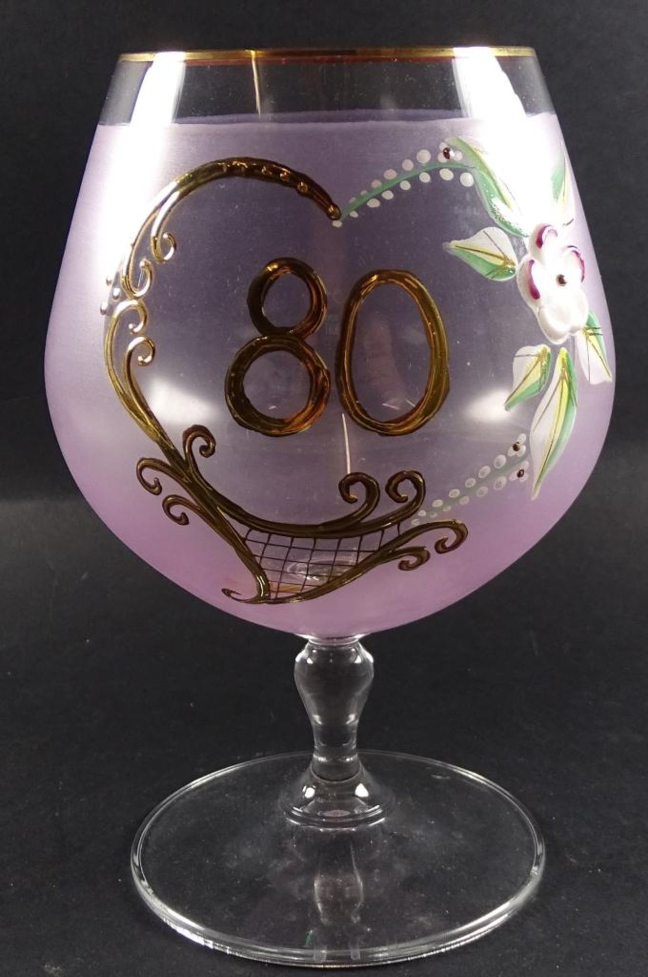 Glas zum 80ten Geburtstag,Blumenbemalung,H-14 cm
