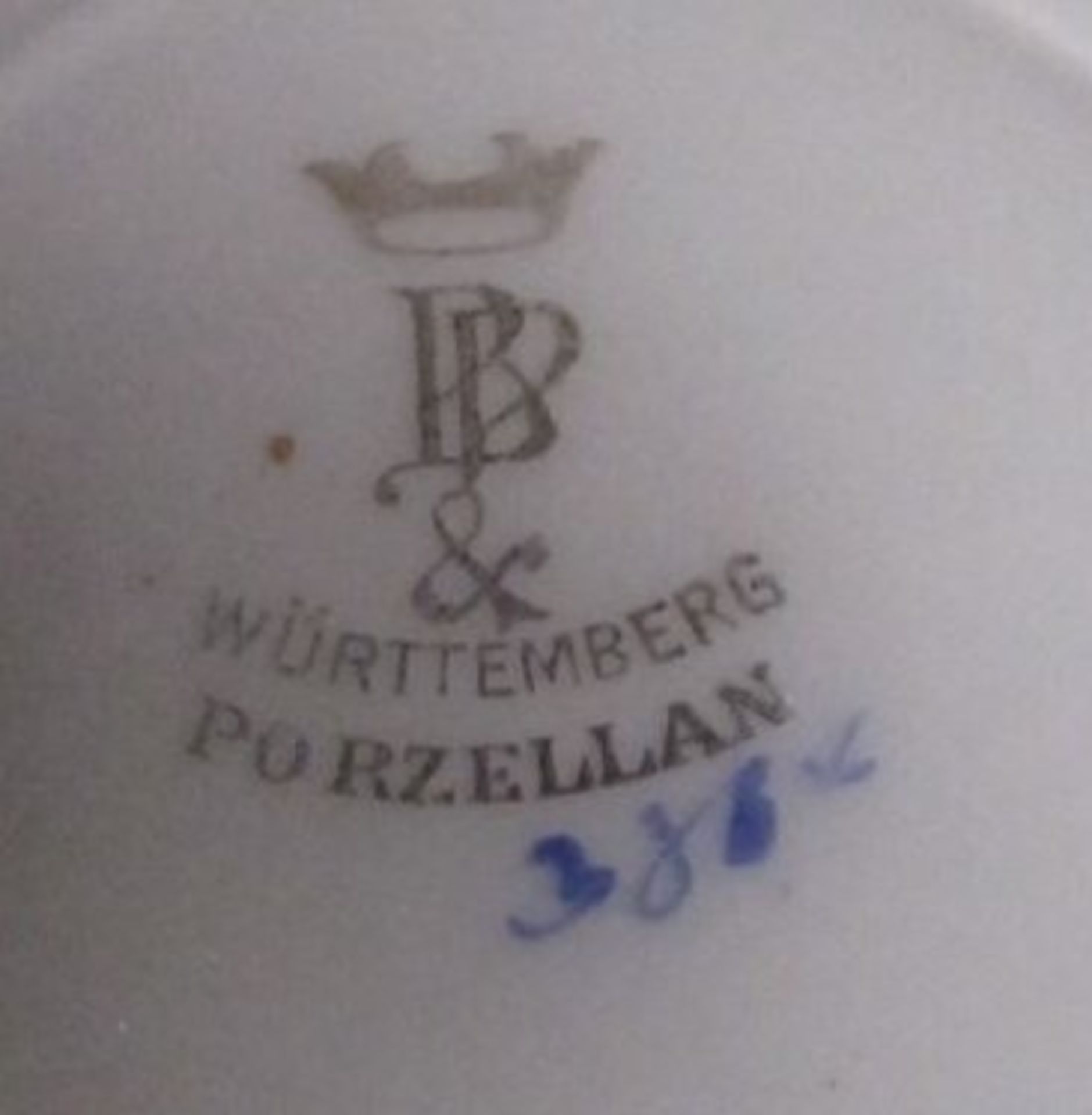 7tlg. Obstset "Württemberg-Porzellan", älter, Schale mit 6 Teller, Früchtedekore und Goldstaffage, - Bild 2 aus 2