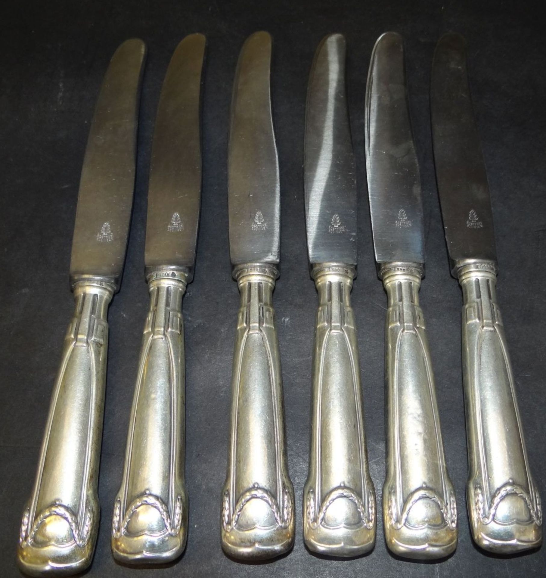 6 Jugendstil-Messer mit Silbergriffen-800-, L-21 cm - Bild 2 aus 3