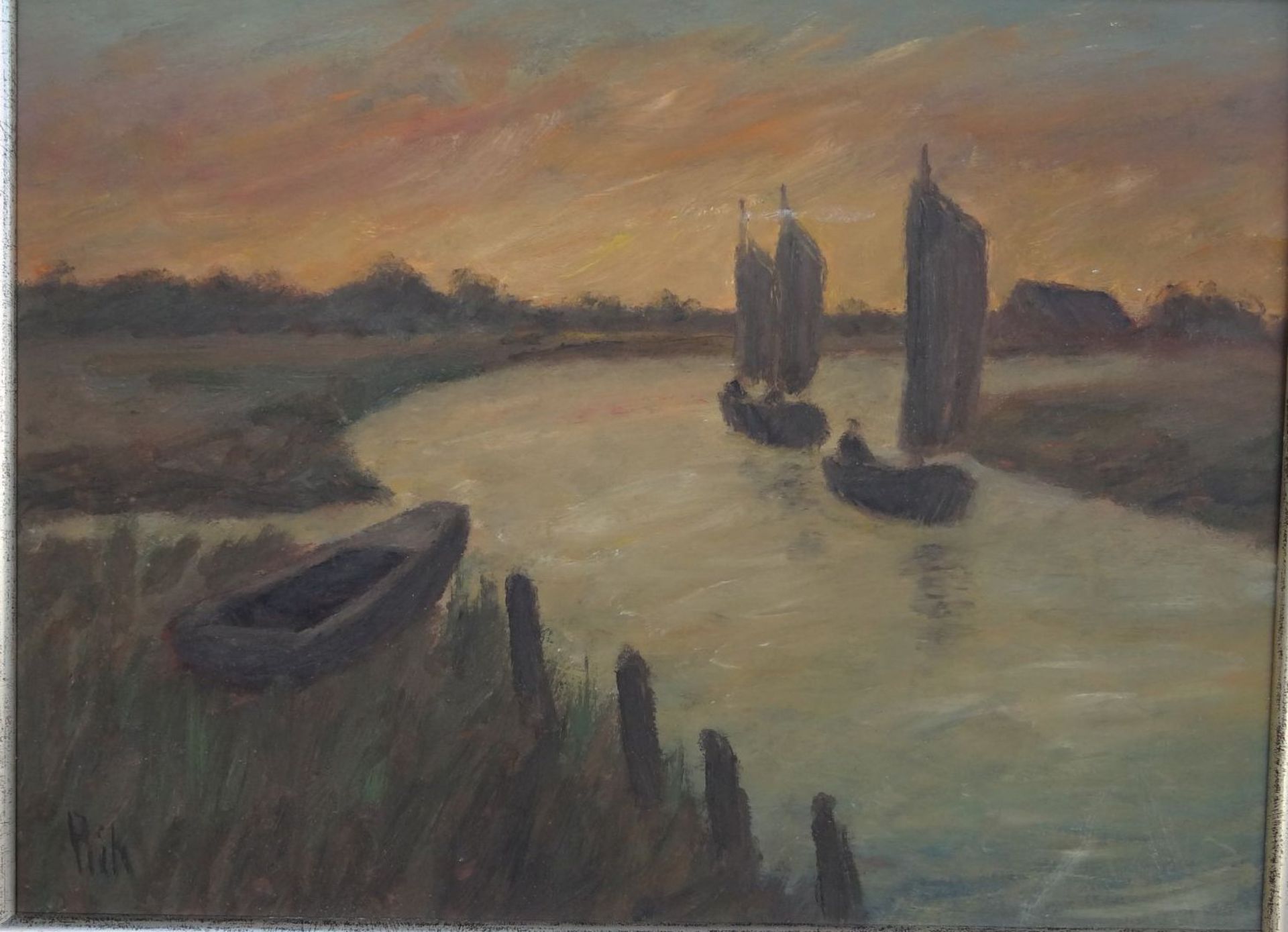 Hans PICK (1931-2014) "Boote auf der Hamme", Öl/Platte, gerahmt, RG 33x43 c