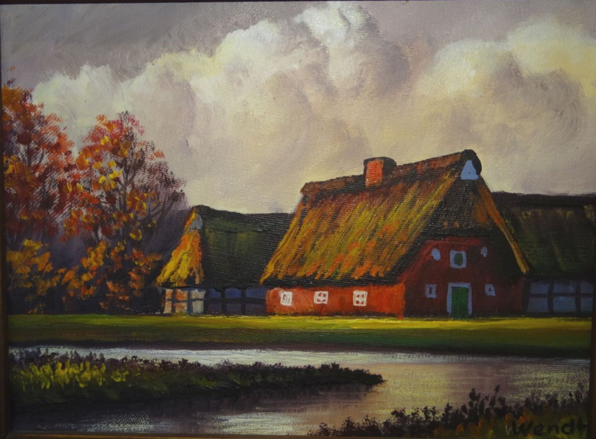 Willi Wendt (geb. 1920) "Bauernhaus am Weiher", Öl/Platte, gerahmt, RG 25x31 c