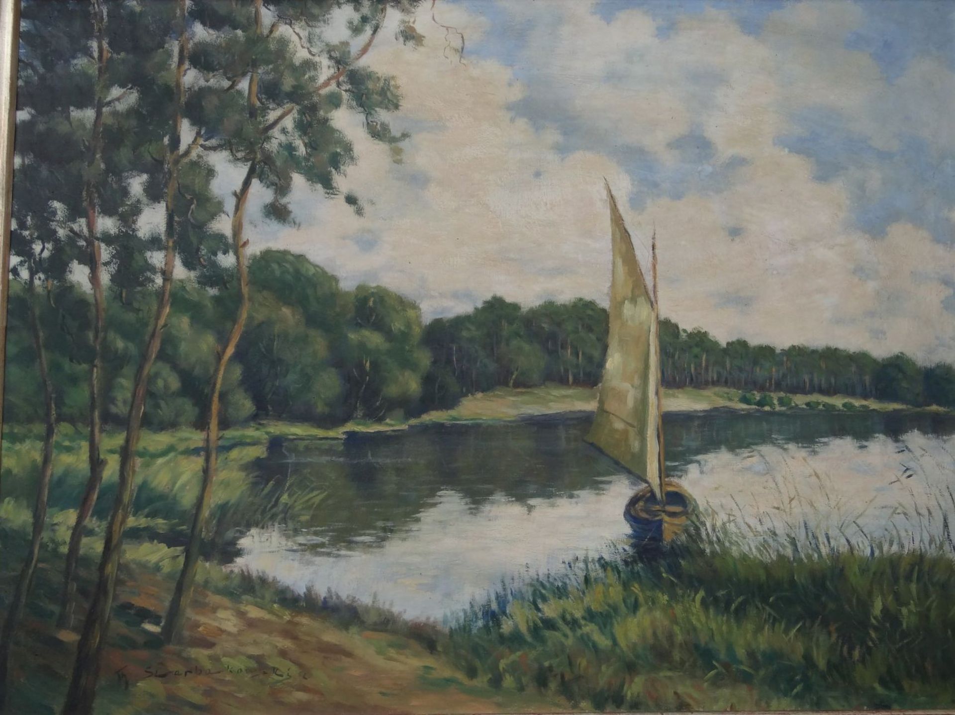 Fedor SZERBAKOWSKI , 1952 (1911-2009) "Boot am Ufer", grosses Gemälde, Öl/Platte, gerahmt, RG - Bild 3 aus 6