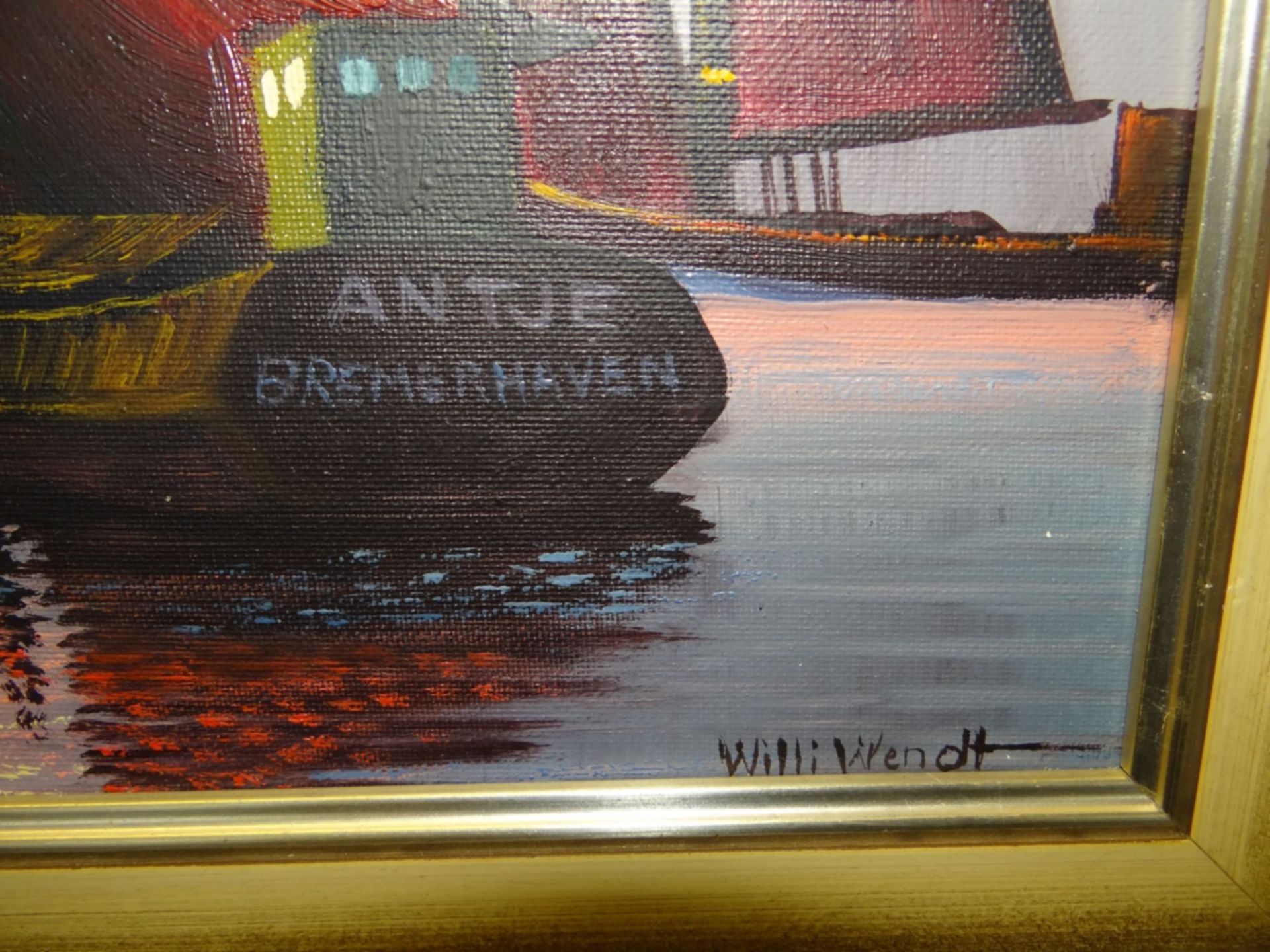 Willi Wendt (geb. 1920) "Fischerboote am Ufer in Bremerhaven", Öl/Leinen, gerahmt, RG 37x47 c - Bild 3 aus 4