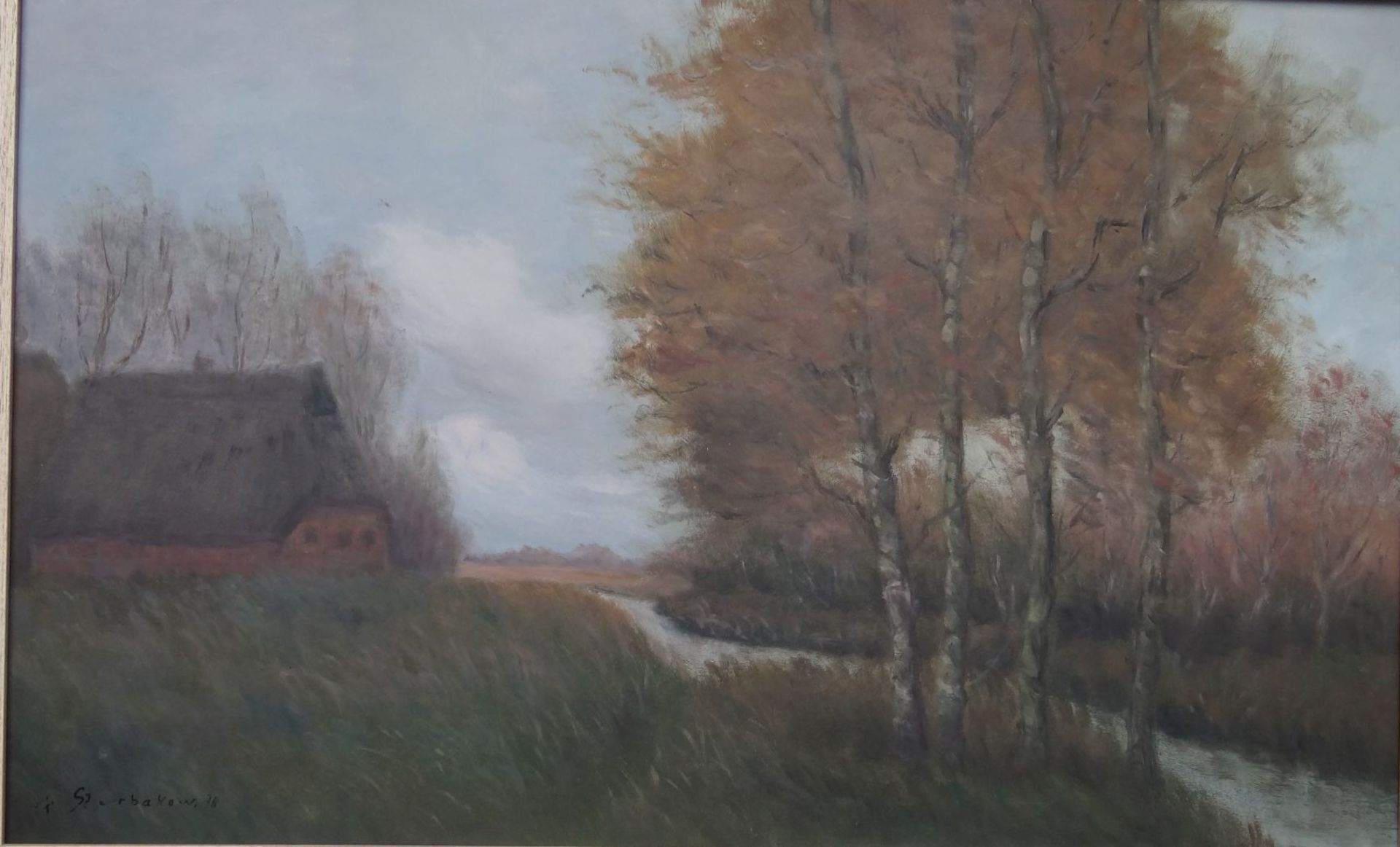 Fedor SZERBAKOW (1911-2009) "Gehöft im Teufelsmoor", grosses Gemälde, Öl/Platte, gerahmt, RG 72x106 - Bild 3 aus 5